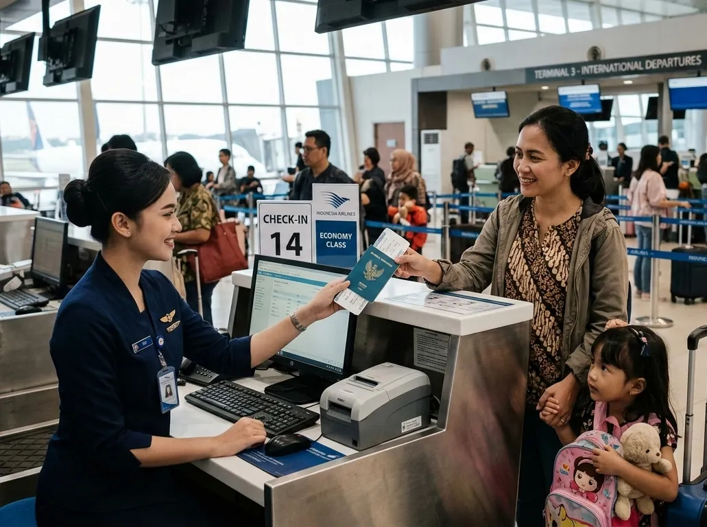 A mother showing travel documents to an airline staff member at the check-in counter