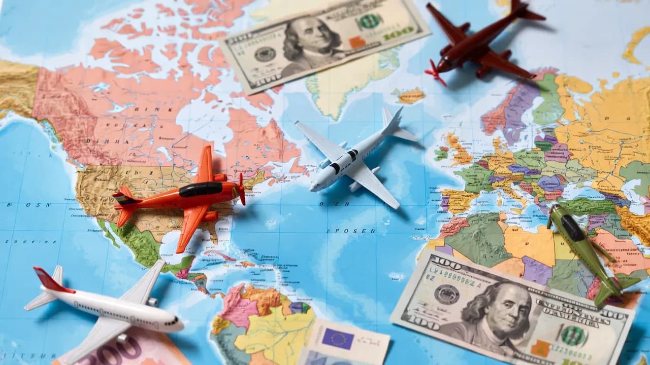 A close up of a world map with toy airplanes and currency notes representing travel savings