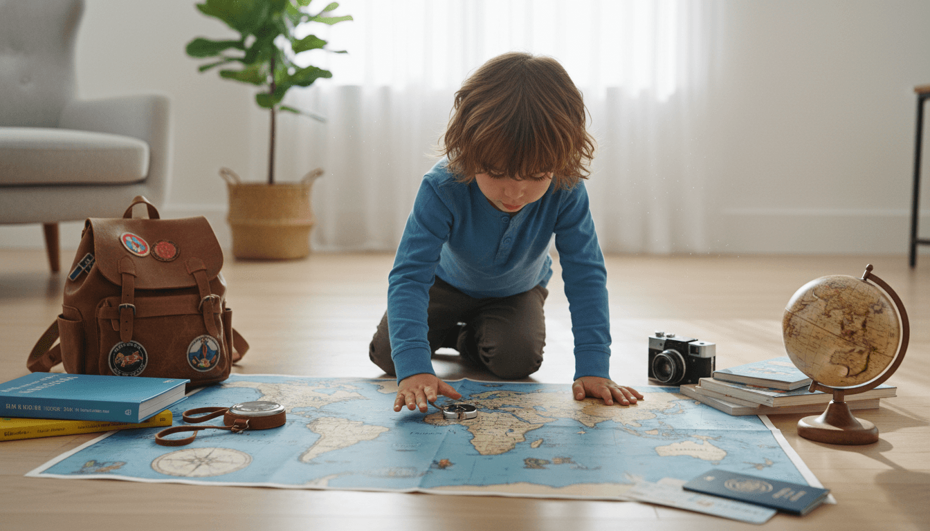 Child looking at a world map with travel gear