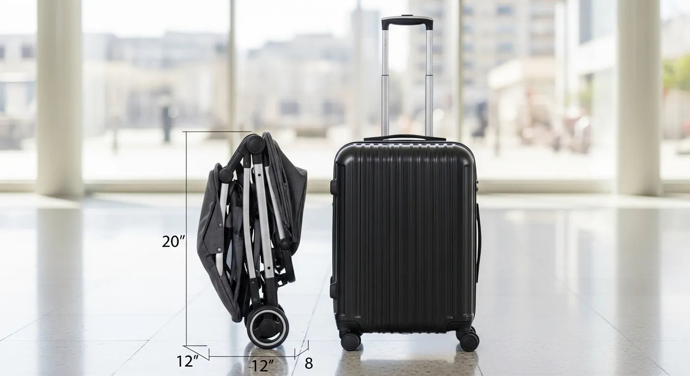 A folded compact stroller for travel standing next to a carry-on suitcase