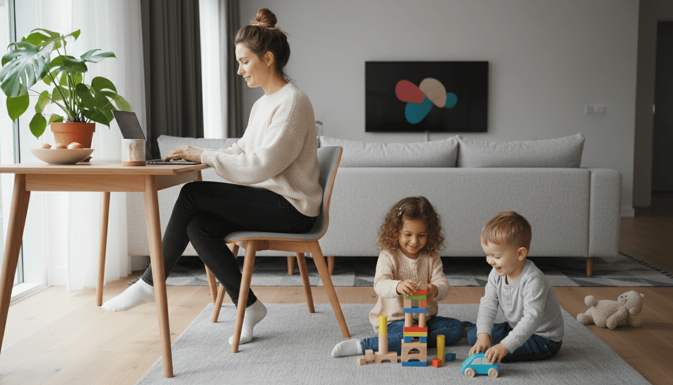 Parent working on a laptop while kids play nearby