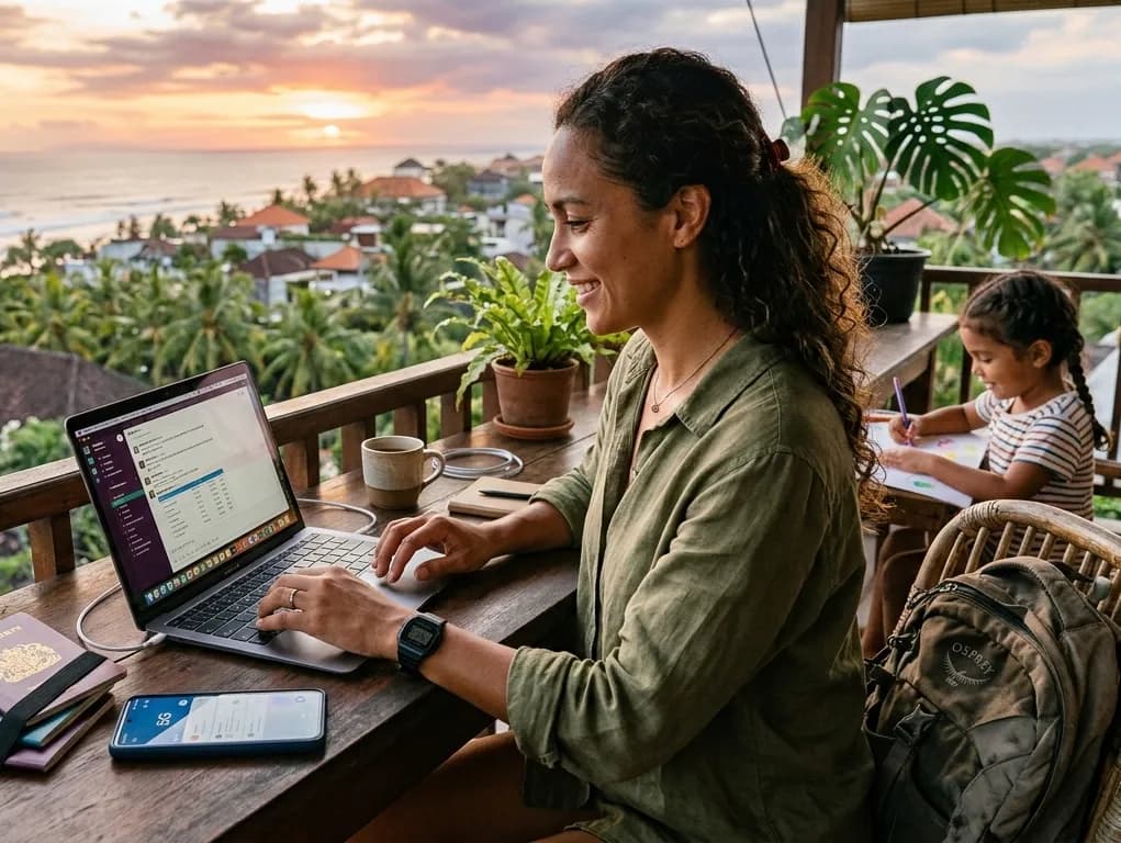 A digital nomad parent working on a laptop with passports and a smartphone nearby