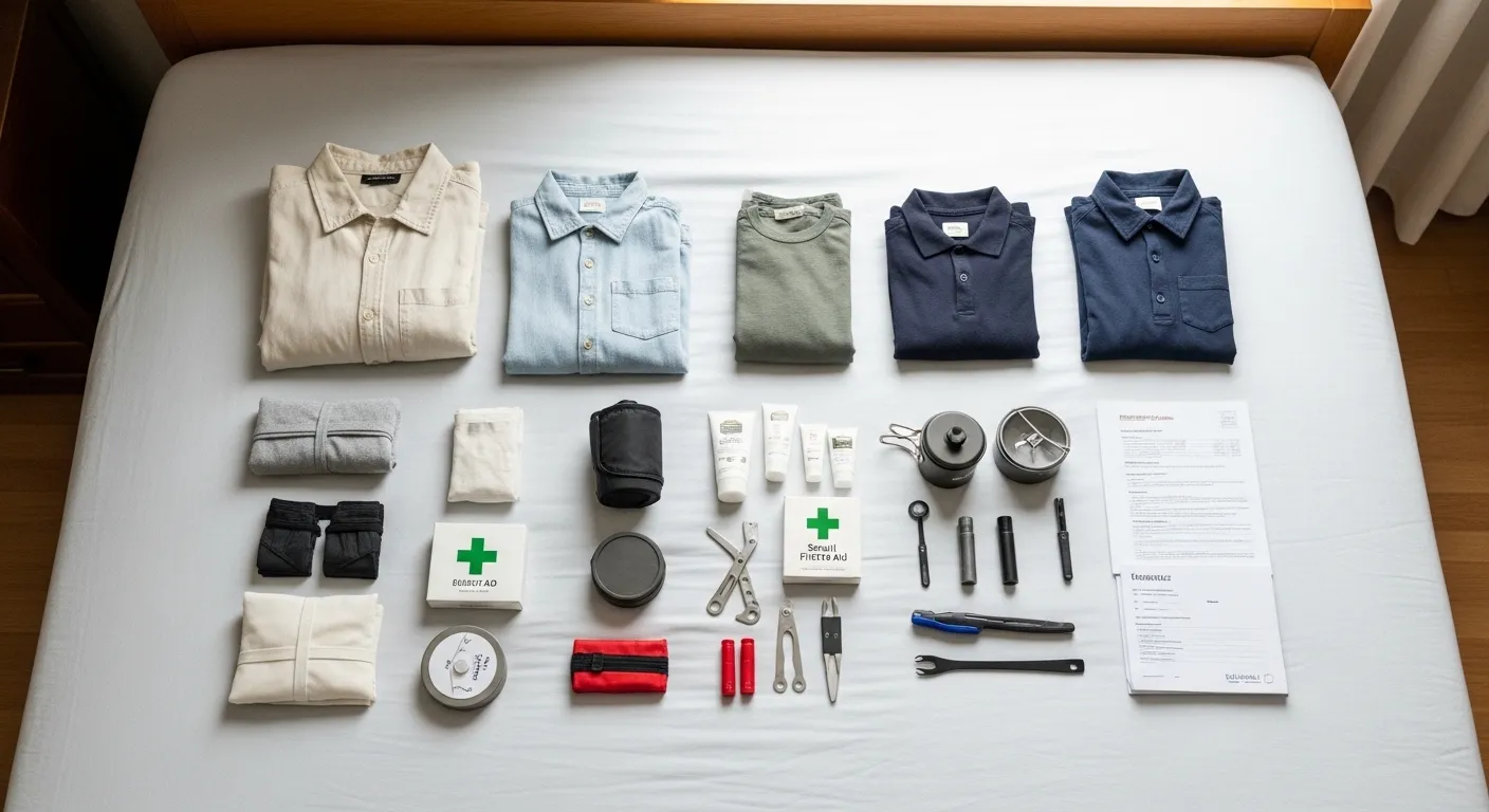 A minimalist family backpacking packing list spread out on a bed ready for travel