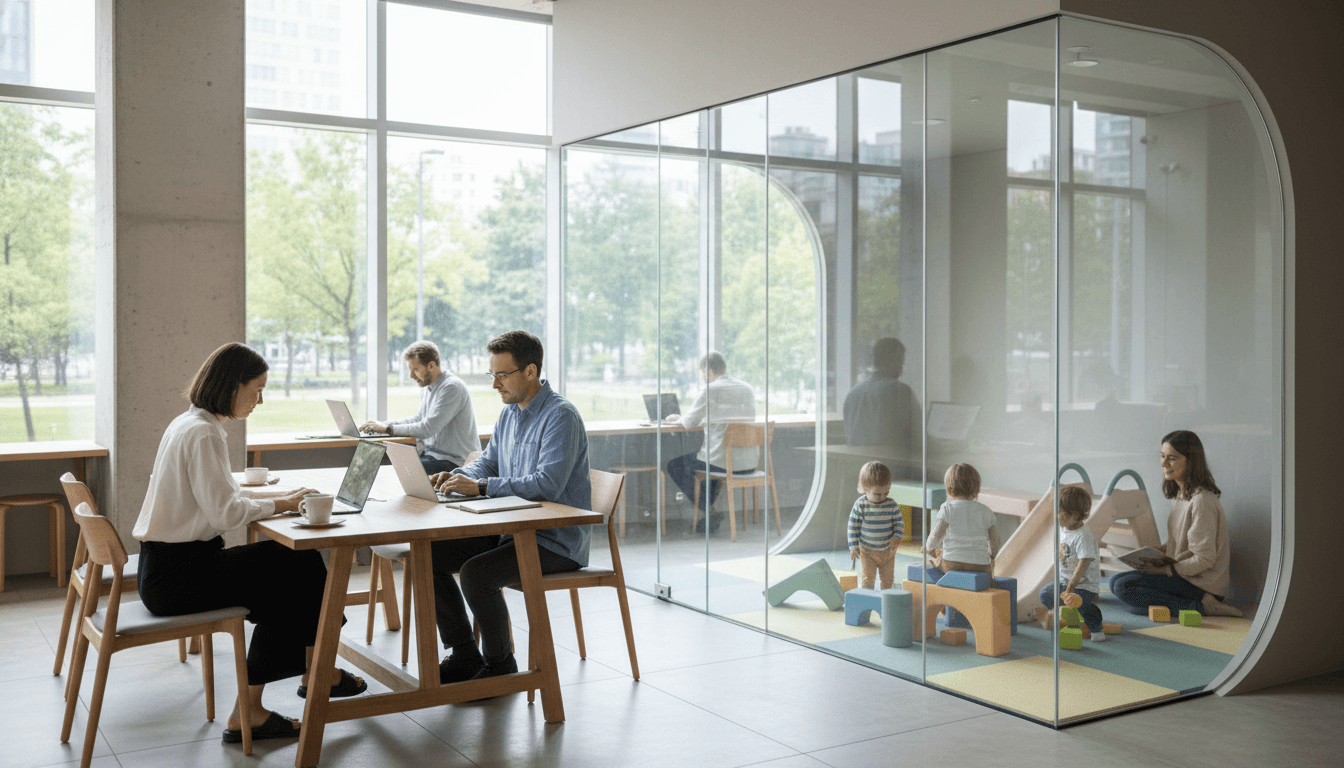 Parents working while children play in a safe zone