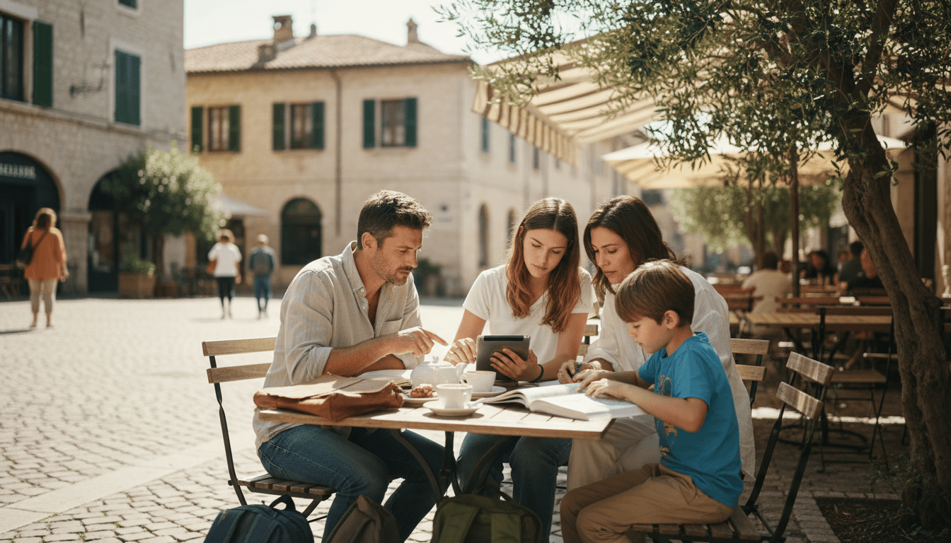 A nomadic family studying together in a sunlit outdoor cafe in Europe