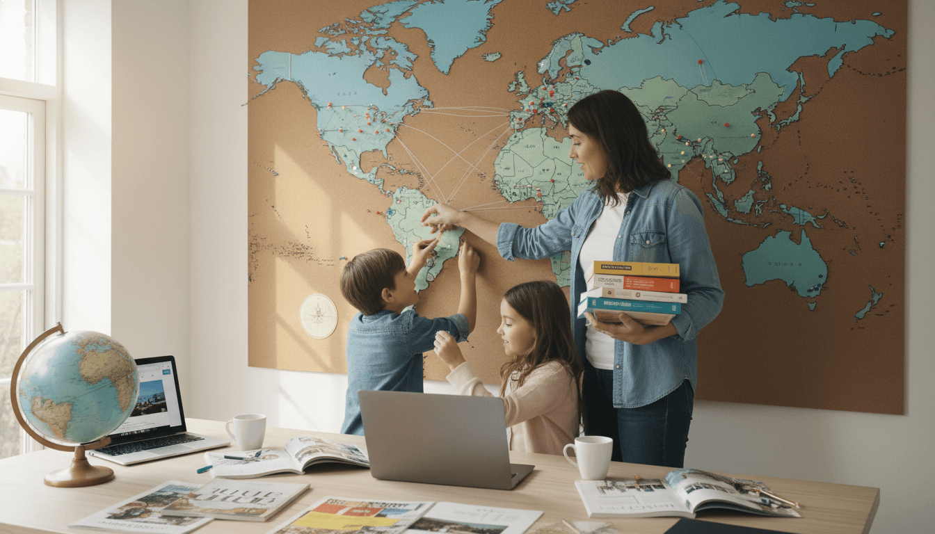 A family planning their world trip on a large map with pins and travel guides