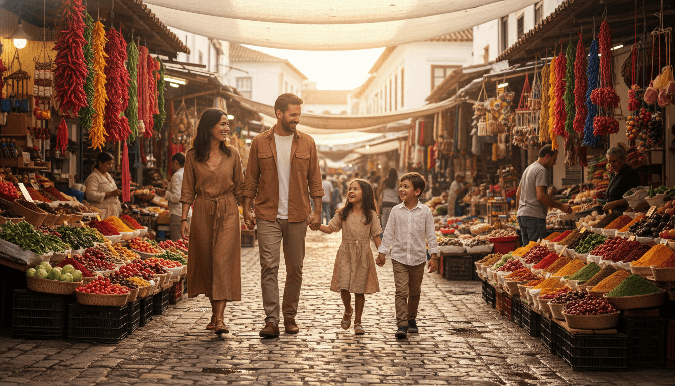 Family walking through a colorful local market