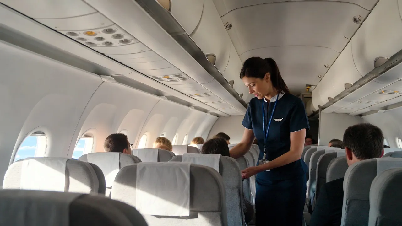 Airplane cabin with flight attendant helping