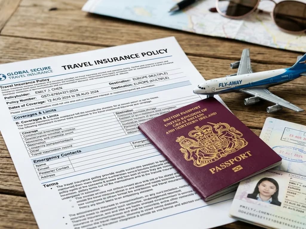 A close-up of a travel insurance document on a wooden table with a passport and a toy airplane