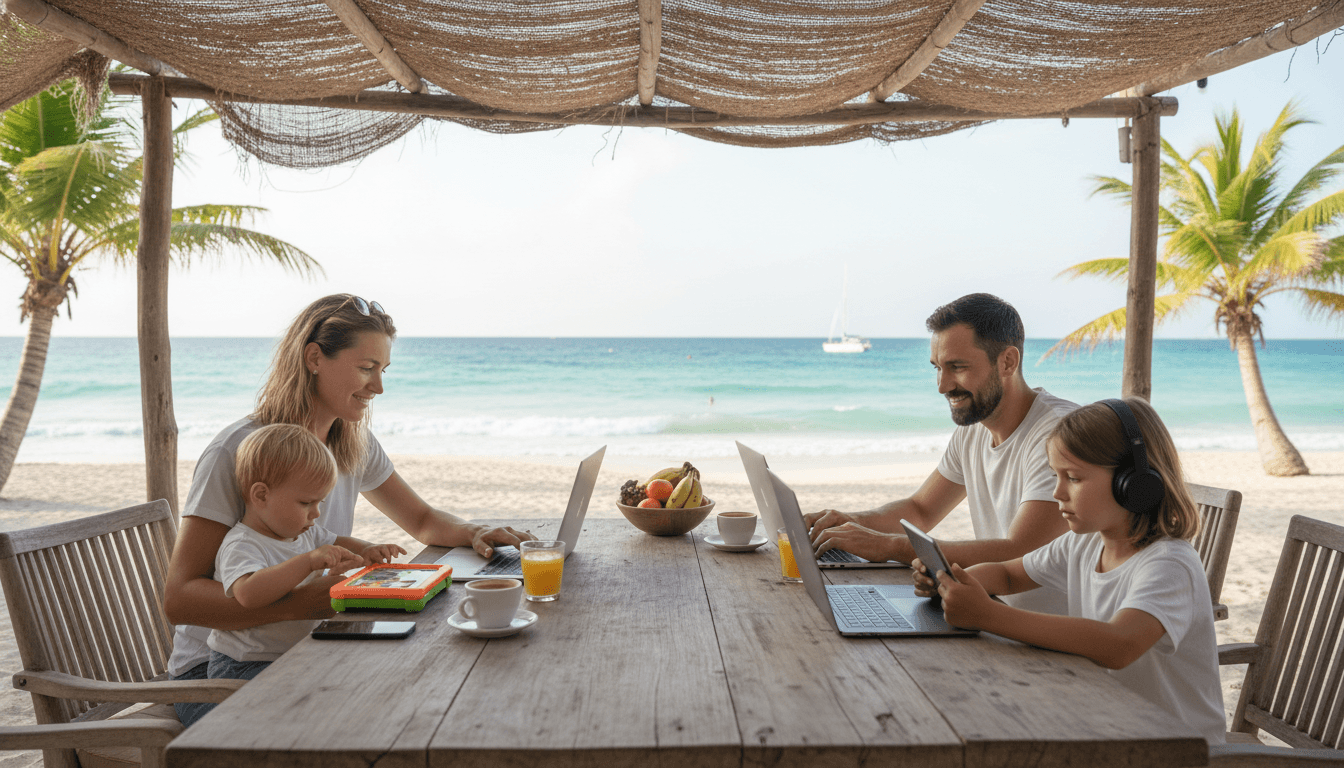 A digital nomad family working on laptops at a beach cafe