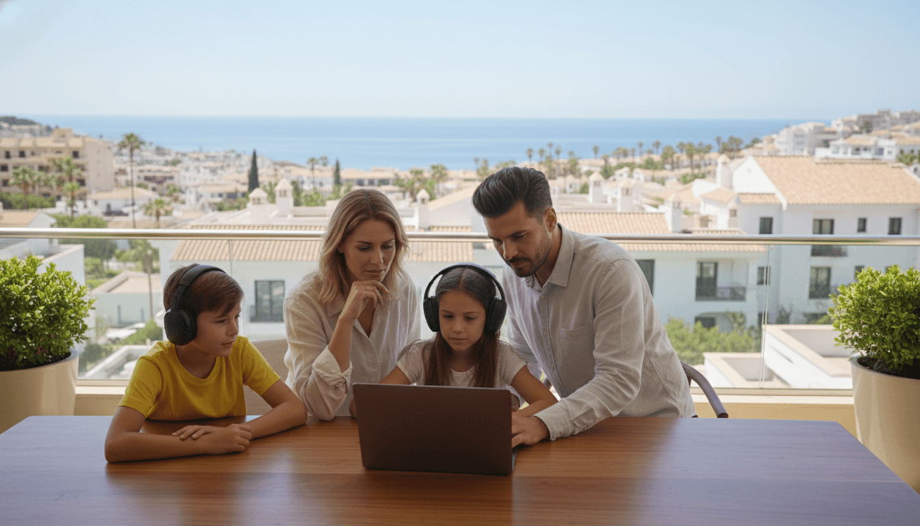Digital nomad family working on a balcony with a laptop