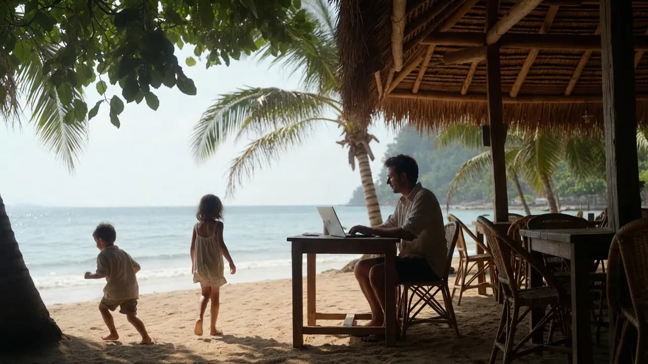 A digital nomad father working on a laptop at a beach cafe while his children play nearby