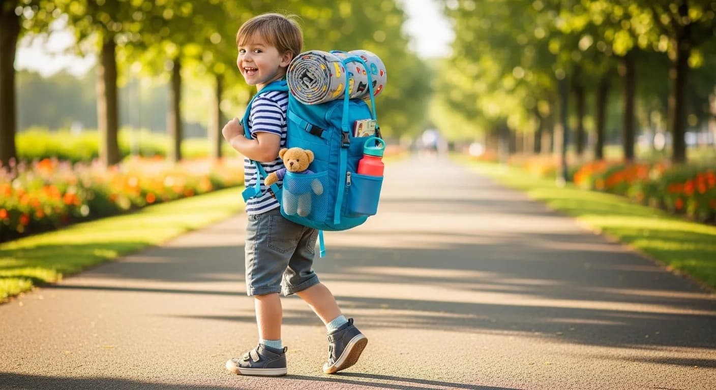 A child carrying their own small backpack following the travelynn family packing list style