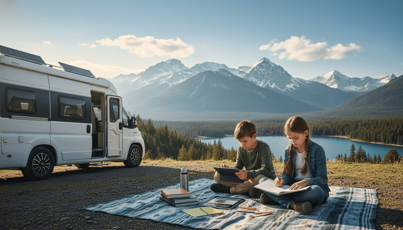 Children learning outside a campervan in the mountains using tablets and notebooks